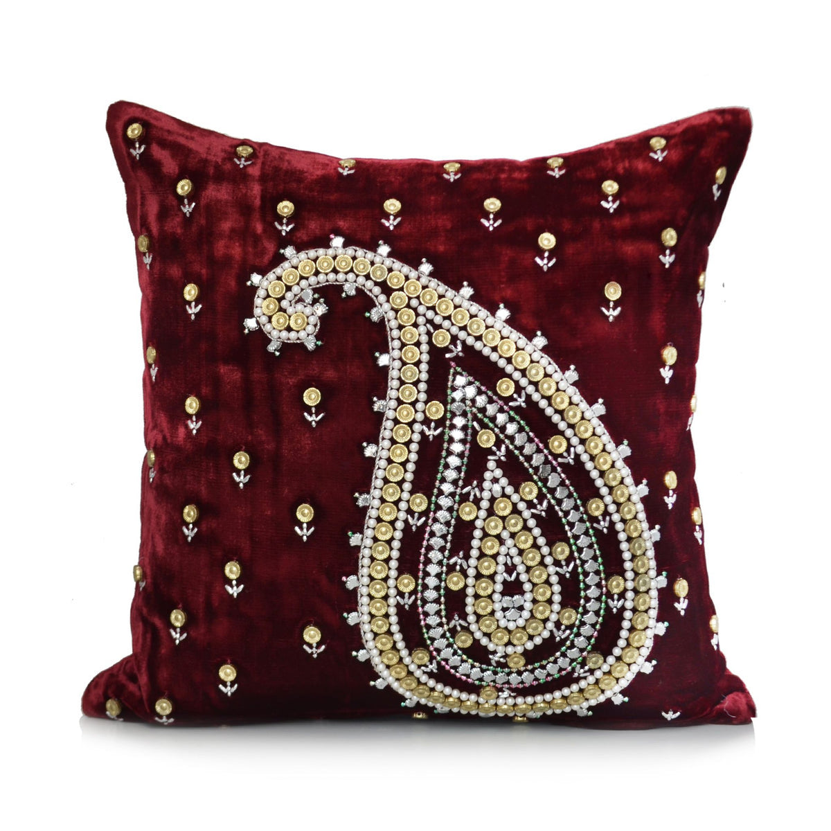Maroon velvet cushion cover with a pearl beaded paisley motif and scattered gold beads