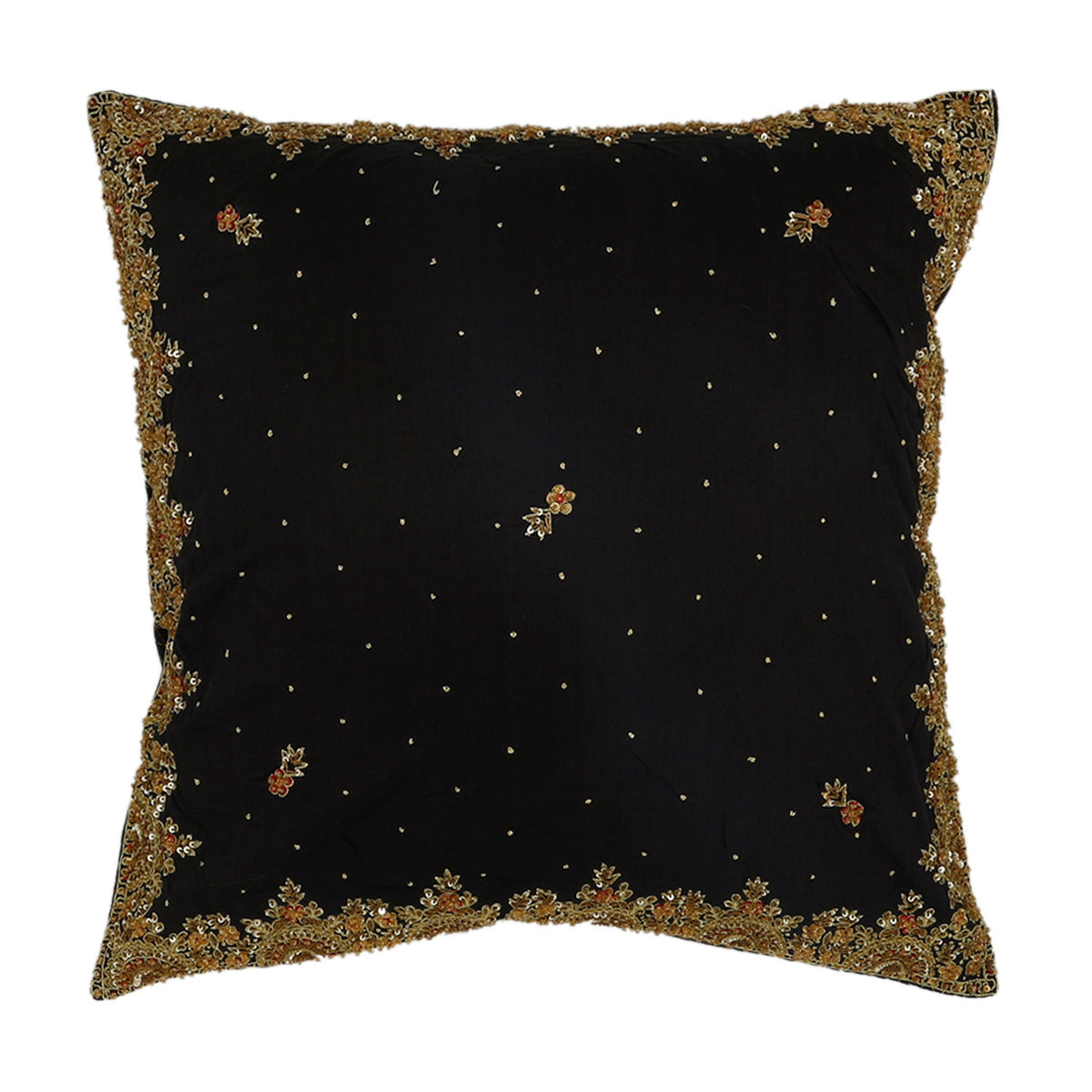 Black polysilk cushion cover with a gold zari embroidered scalloped border and small motifs