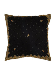 Black polysilk cushion cover with a gold zari embroidered scalloped border and small motifs