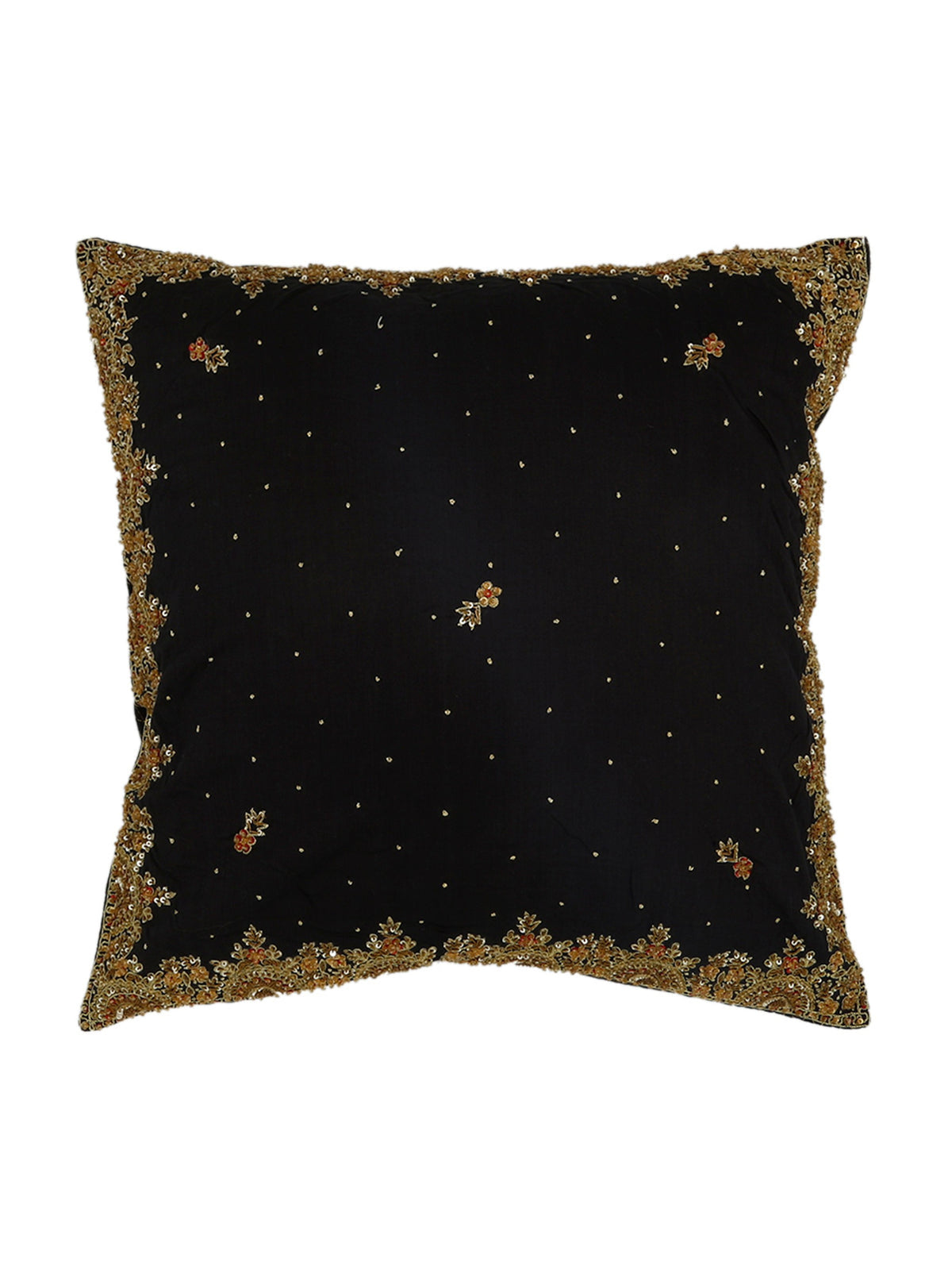 Black silk cushion cover with a gold zari embroidered scalloped border and small motifs