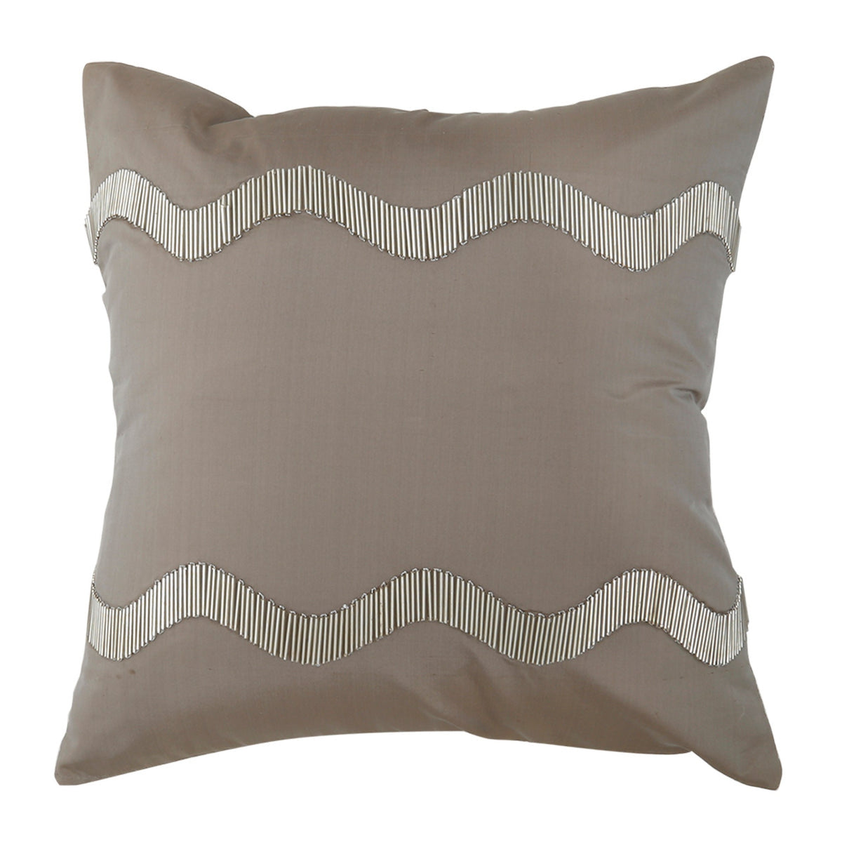Taupe grey cushion cover with two white zigzag chevron embroidered bands
