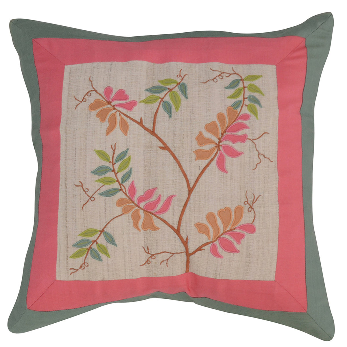 Ivory cushion cover with a multicolour embroidered leafy branch, coral and sage borders