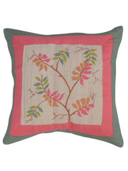 Ivory cushion cover with a multicolour embroidered leafy branch, coral and sage borders