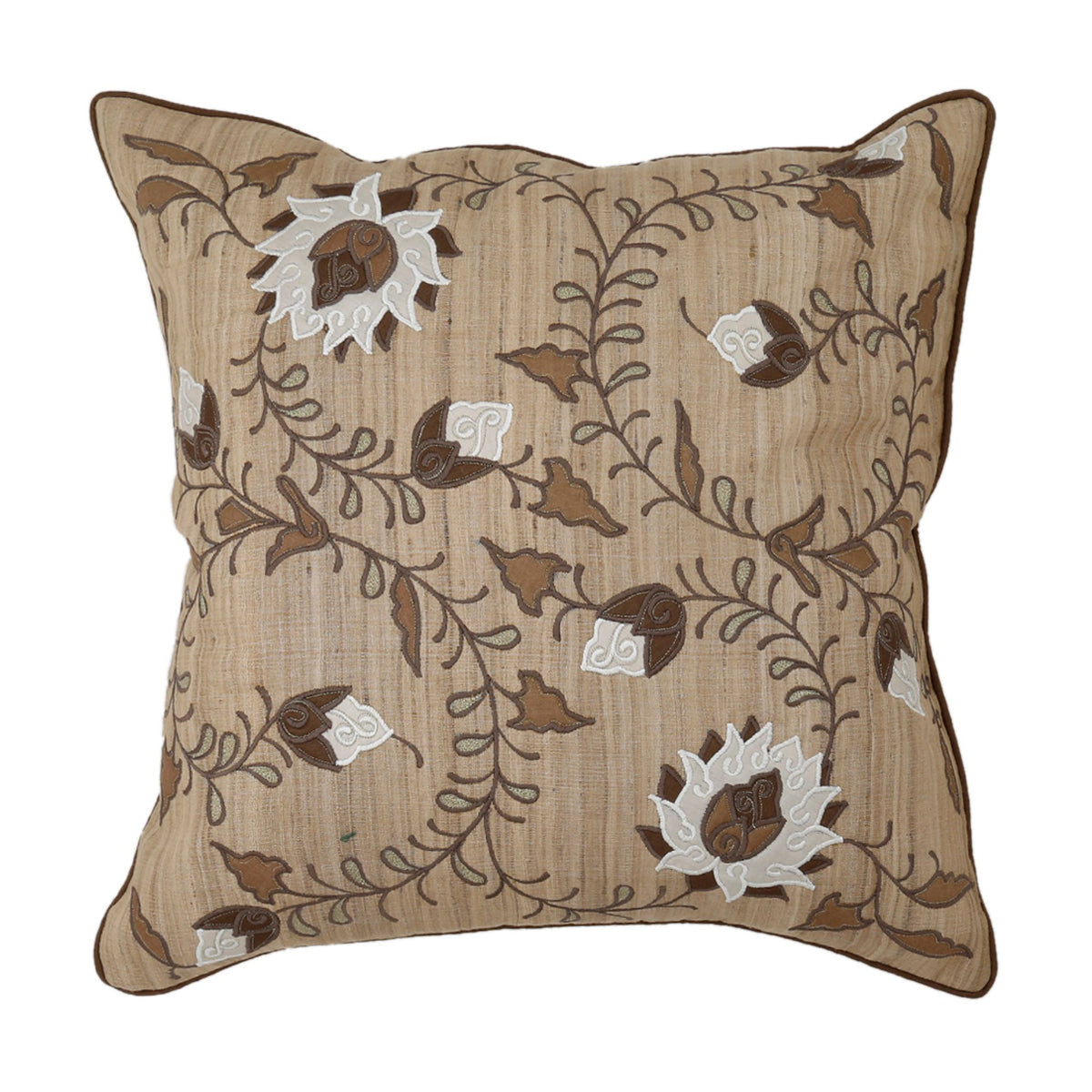 Beige dupion silk cushion cover embroidered with cream and brown sunflowers on vines