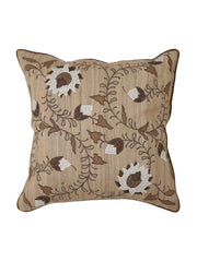 Beige dupion silk cushion cover embroidered with cream and brown sunflowers on vines
