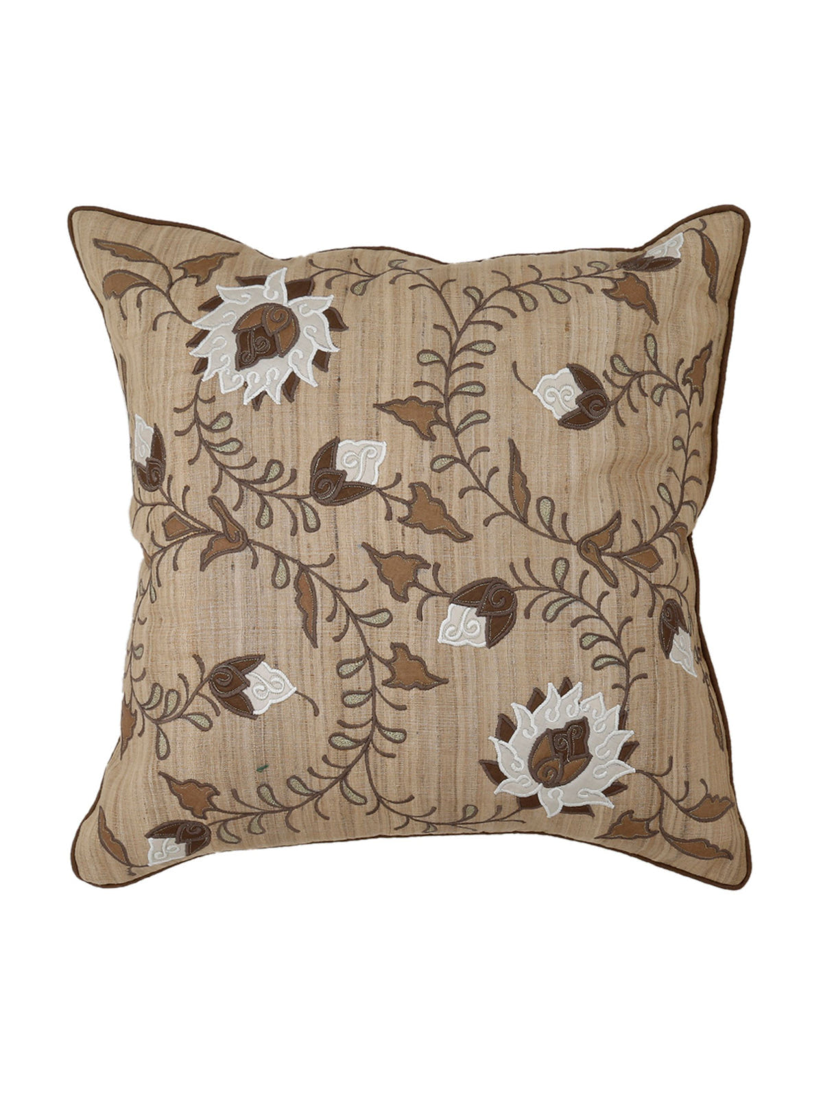 Beige dupion silk cushion cover embroidered with cream and brown sunflowers on vines