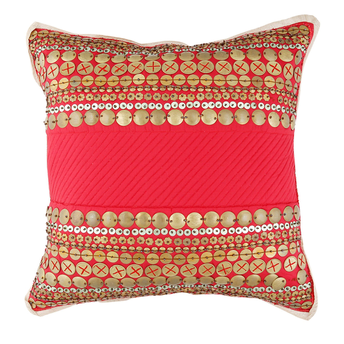 Coral red silk cushion cover with gold sequin embroidered bands above and below a plain panel