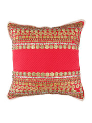 Coral red silk cushion cover with gold sequin embroidered bands above and below a plain panel