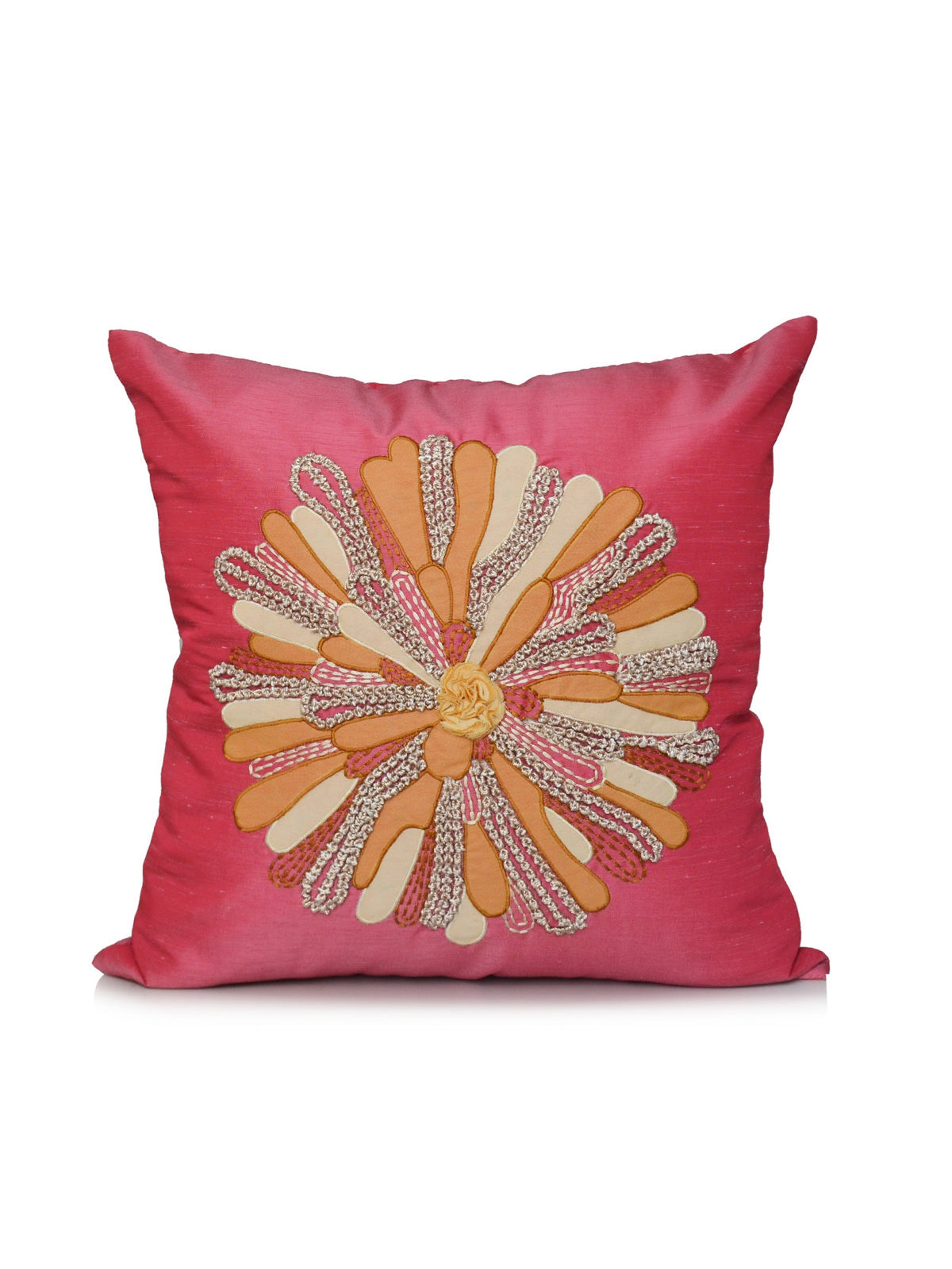 Rose pink dupion silk cushion cover with a pieced fan sunburst appliqué at the centre
