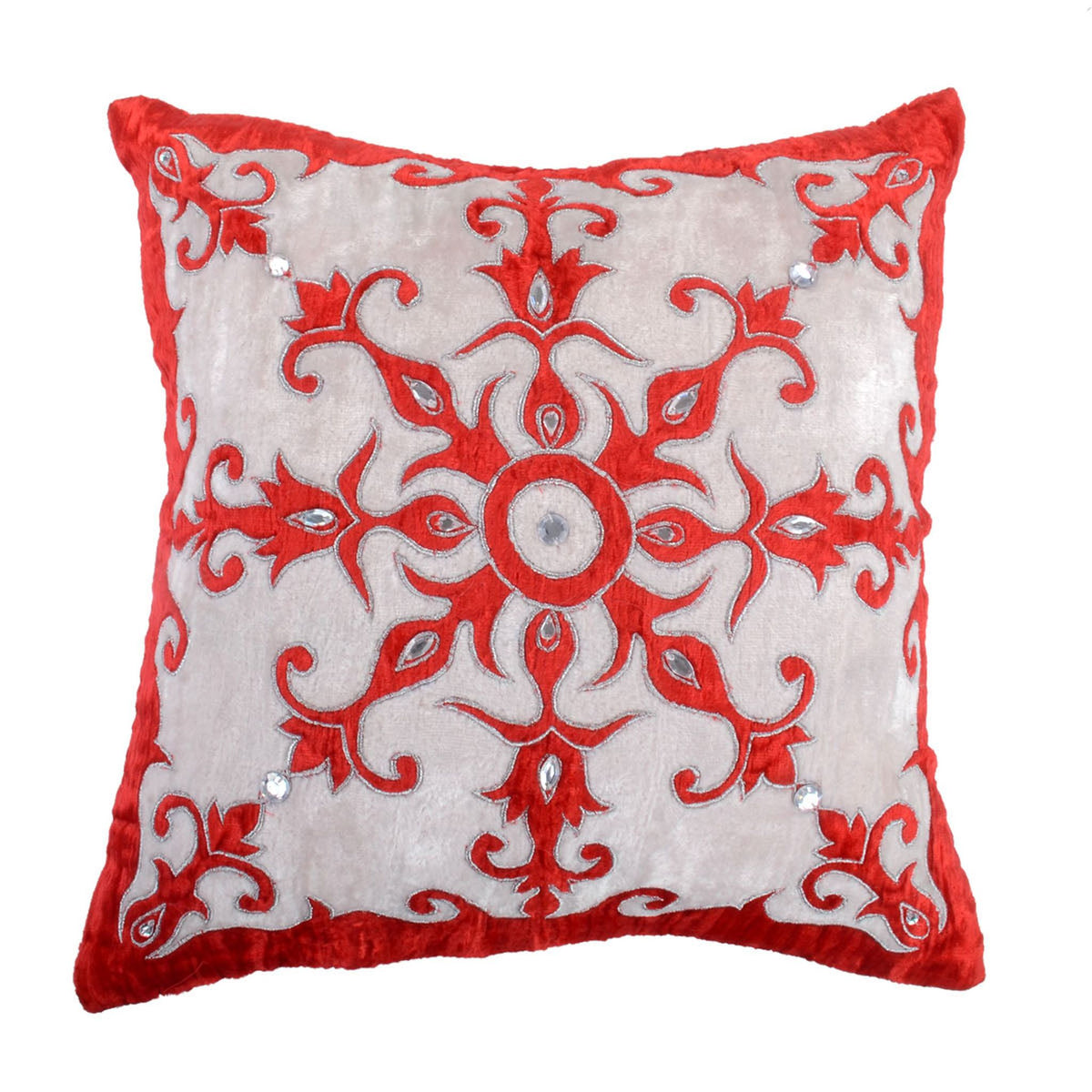 Ivory cushion cover with a red aari embroidered ornamental medallion at the centre