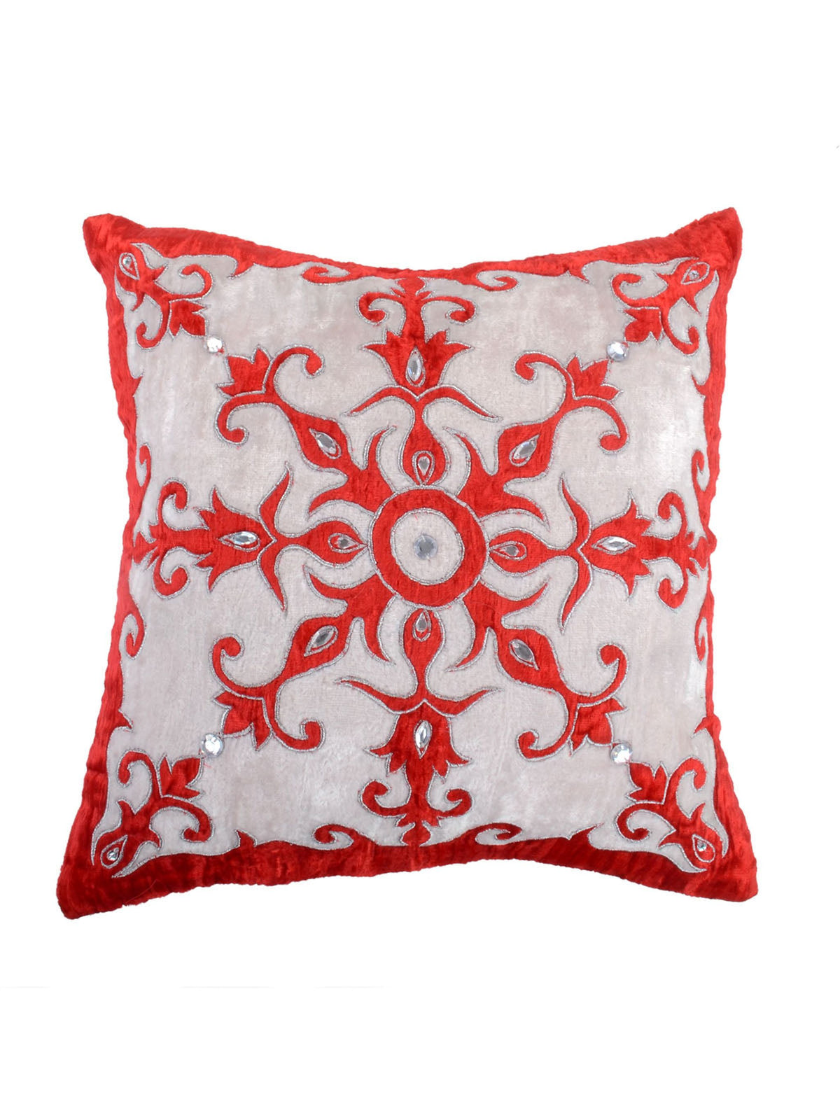 Ivory cushion cover with a red aari embroidered ornamental medallion at the centre