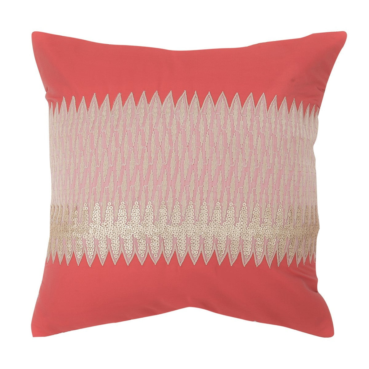 Coral polysilk cushion cover with a cream zigzag chevron band across the centre