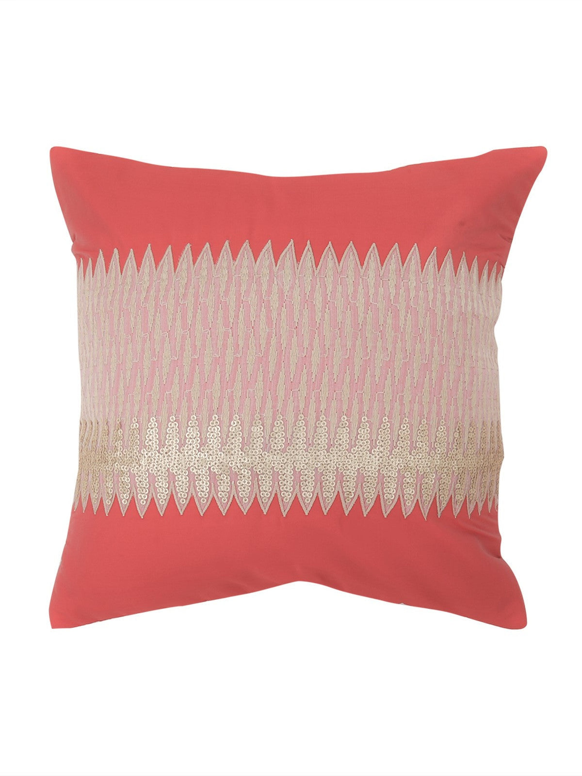 Coral polysilk cushion cover with a cream zigzag chevron band across the centre