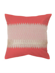 Coral polysilk cushion cover with a cream zigzag chevron band across the centre