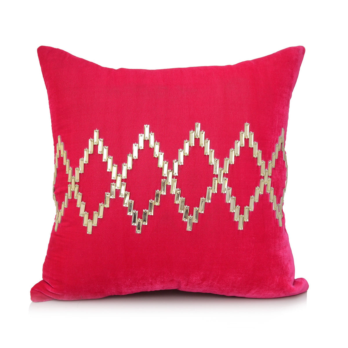 Raspberry pink velvet cushion cover with a gold sequin zigzag diamond band