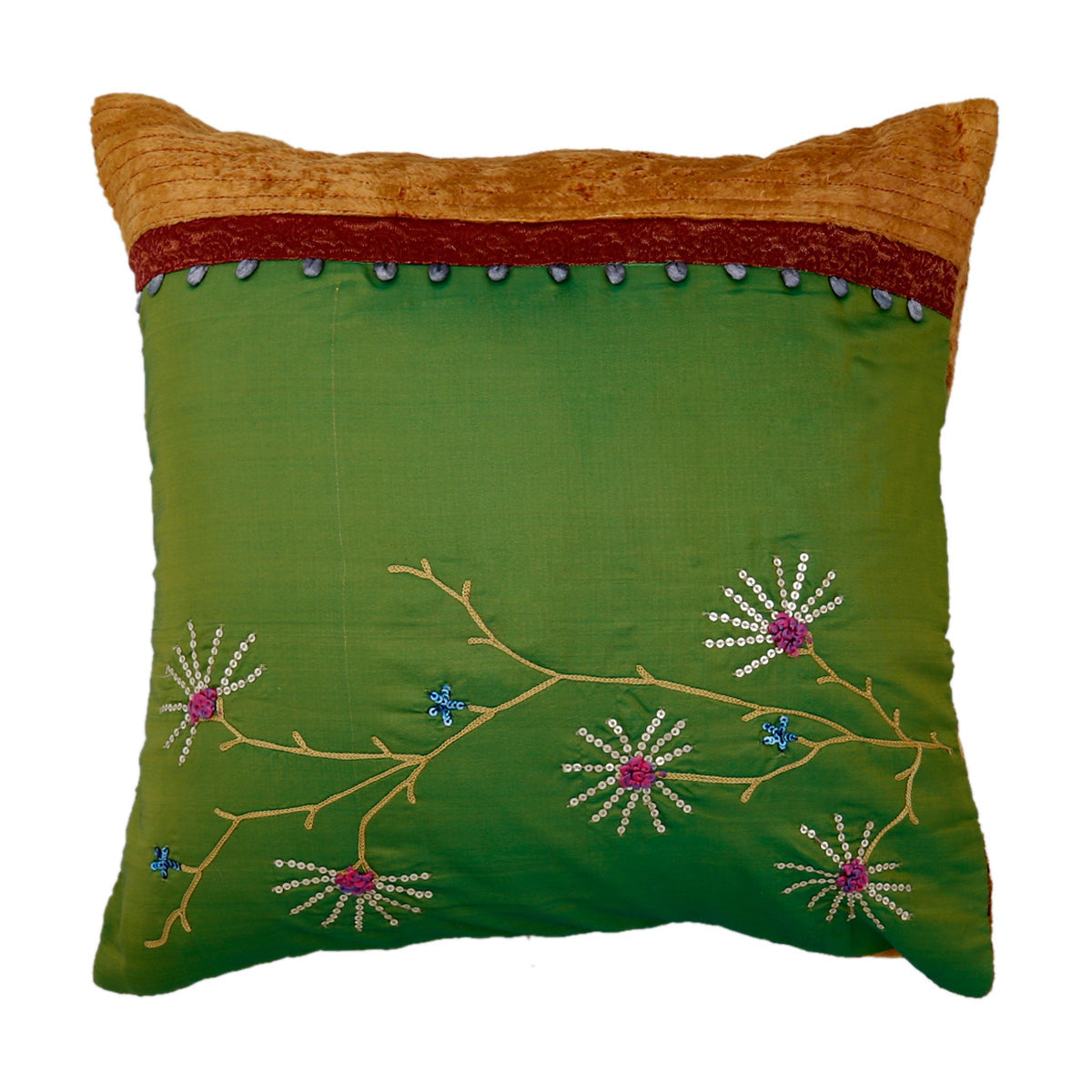 Olive green silk cushion cover embroidered with pink daisy sprays under a gold velvet band