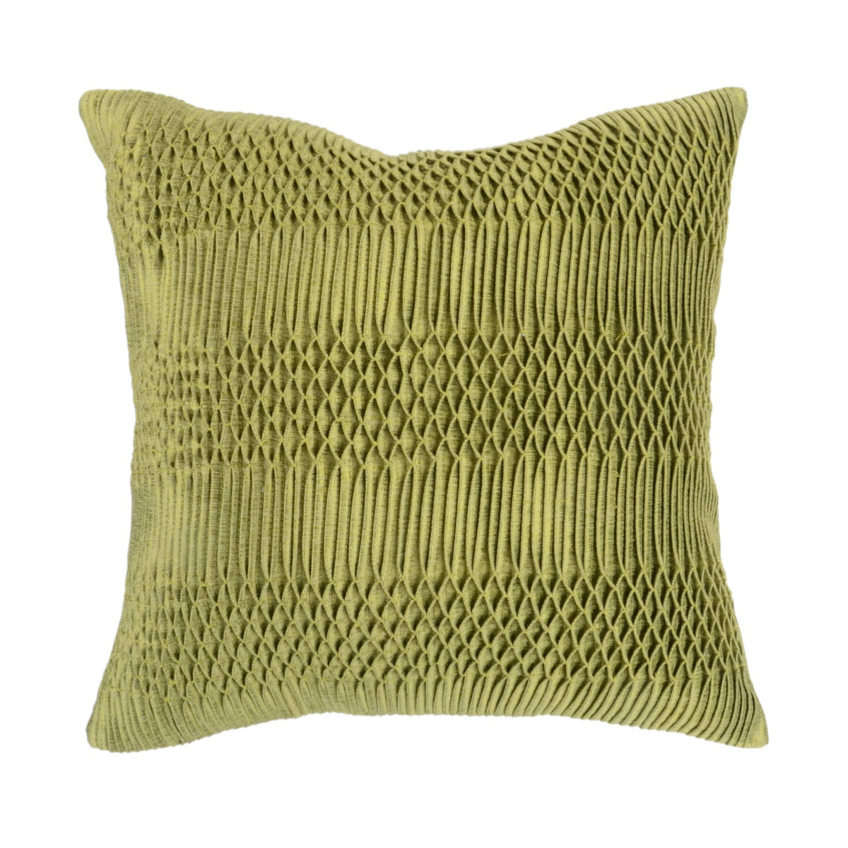 Olive green dupion silk cushion cover with a hand smocked lattice texture