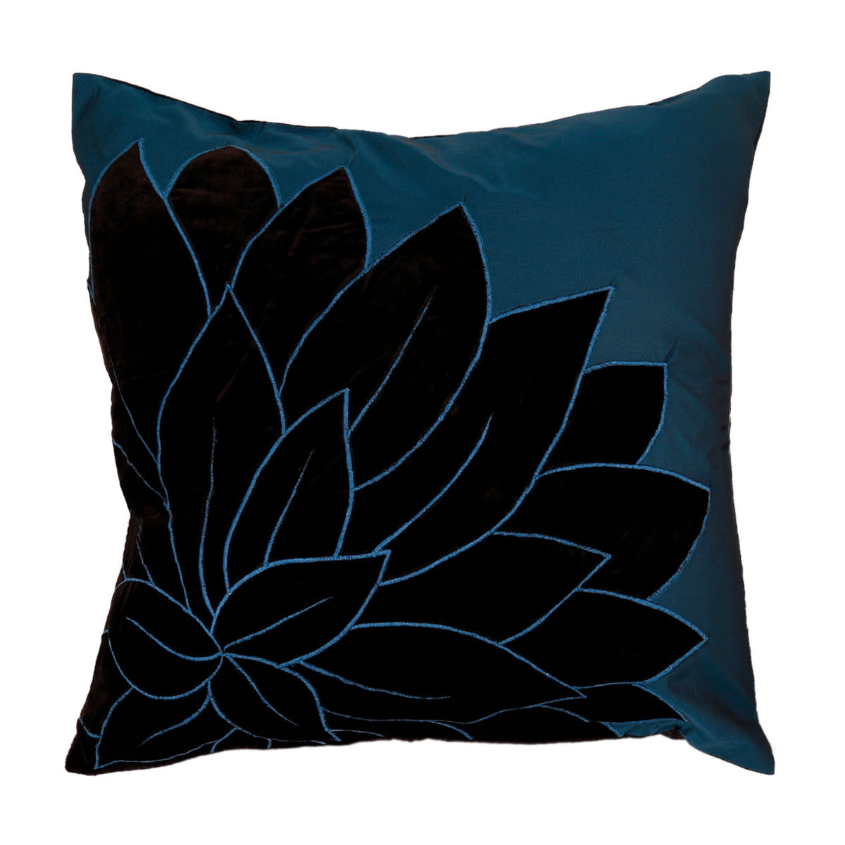 Teal blue cushion cover with a large black velvet lotus flower appliqué