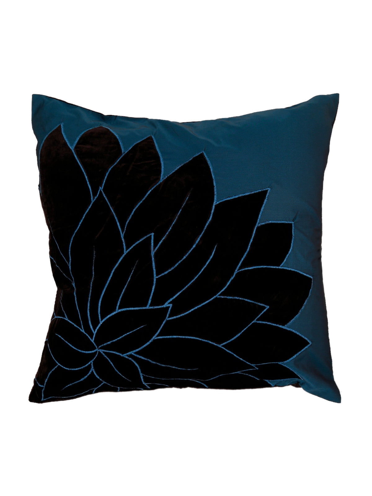 Teal blue cushion cover with a large black velvet lotus flower appliqué