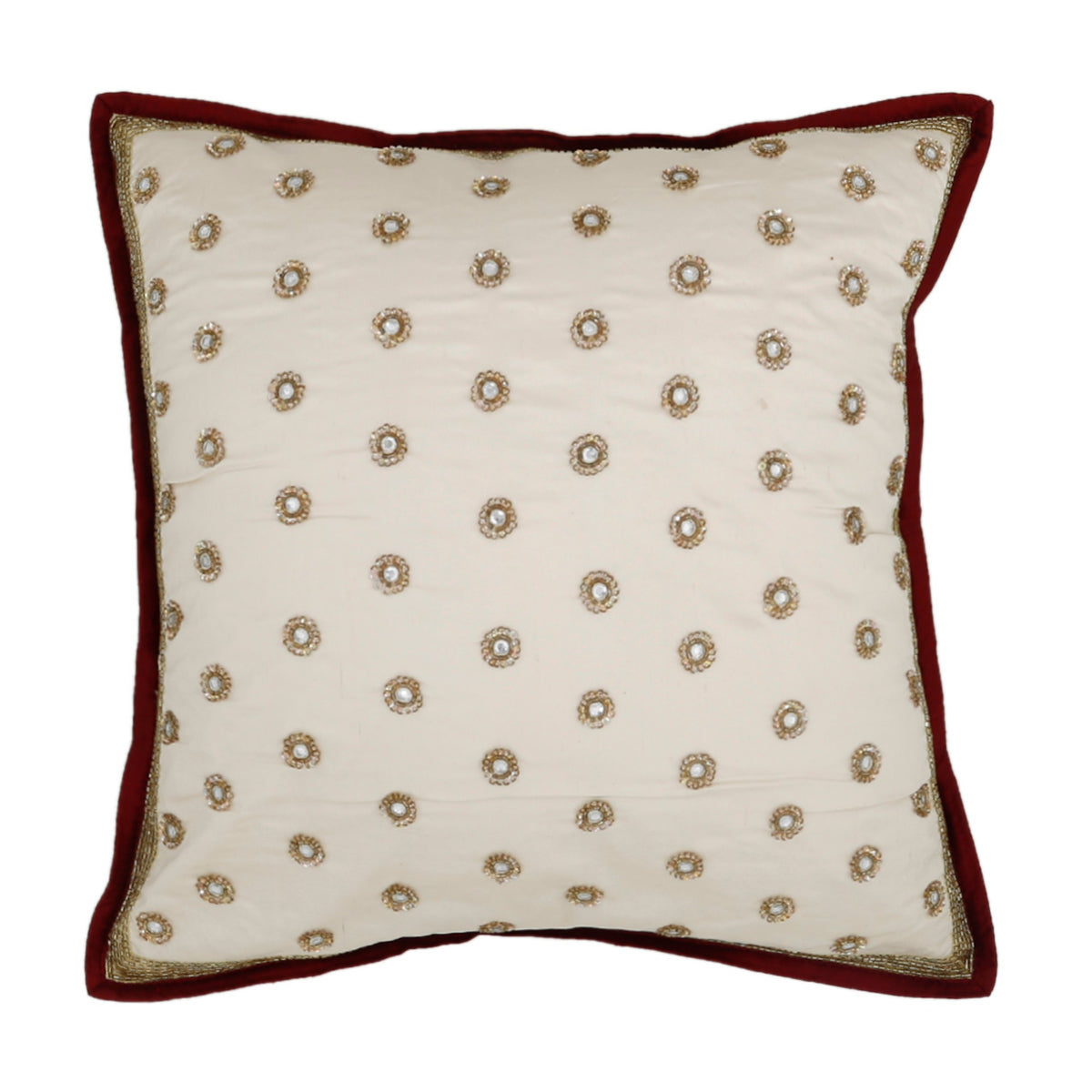 Ivory dupion silk cushion cover with scattered sequin flower motifs and maroon piping