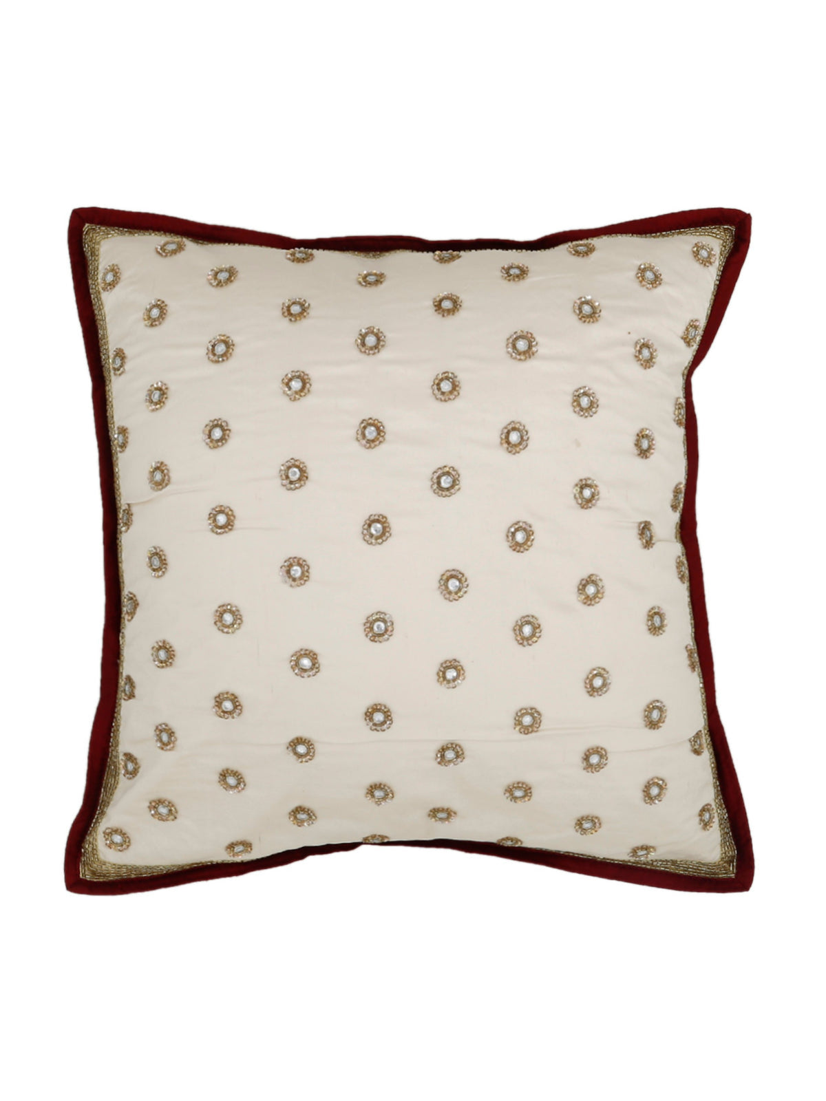 Ivory dupion silk cushion cover with scattered sequin flower motifs and maroon piping