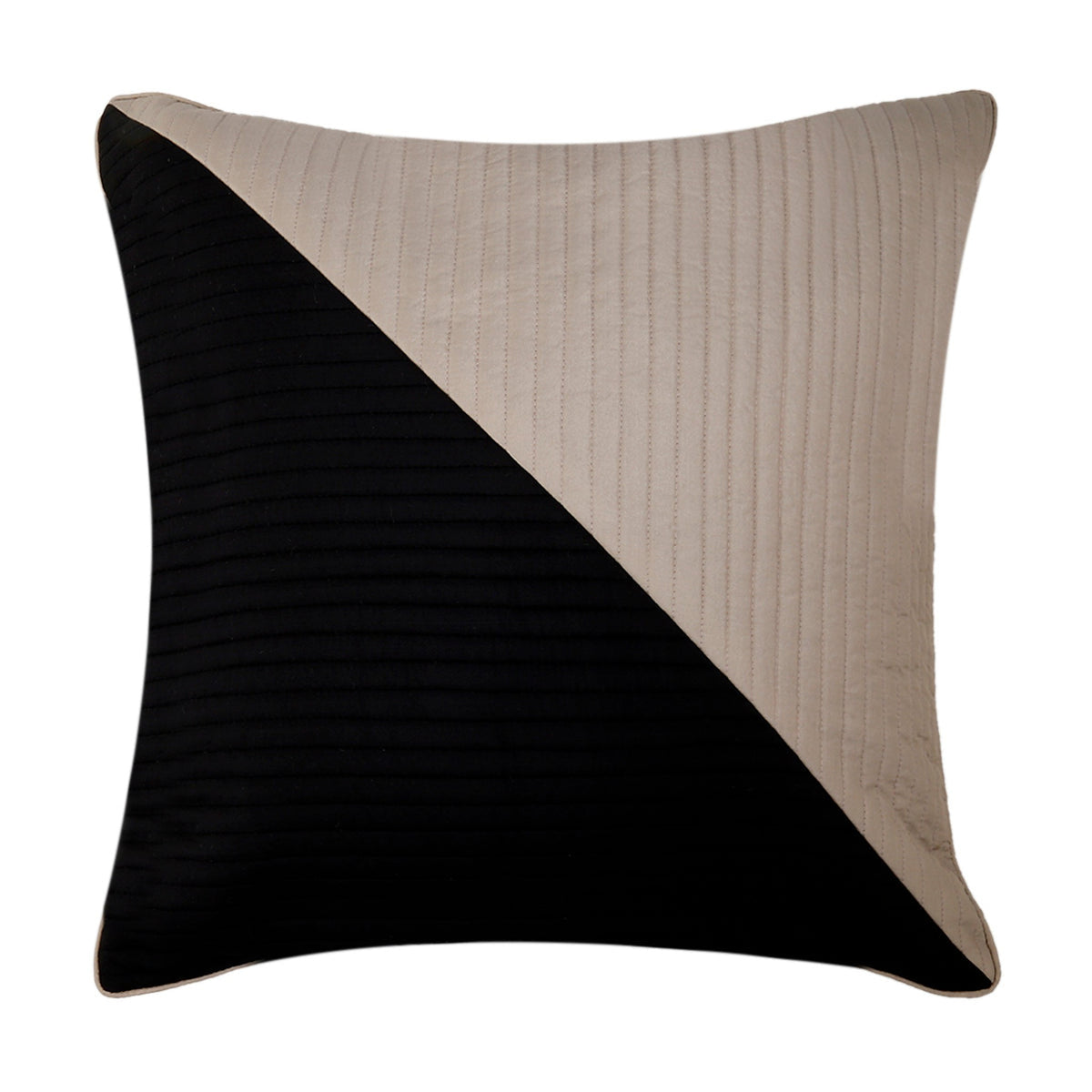 Cushion cover split diagonally into a black quilted half and a pale taupe quilted half