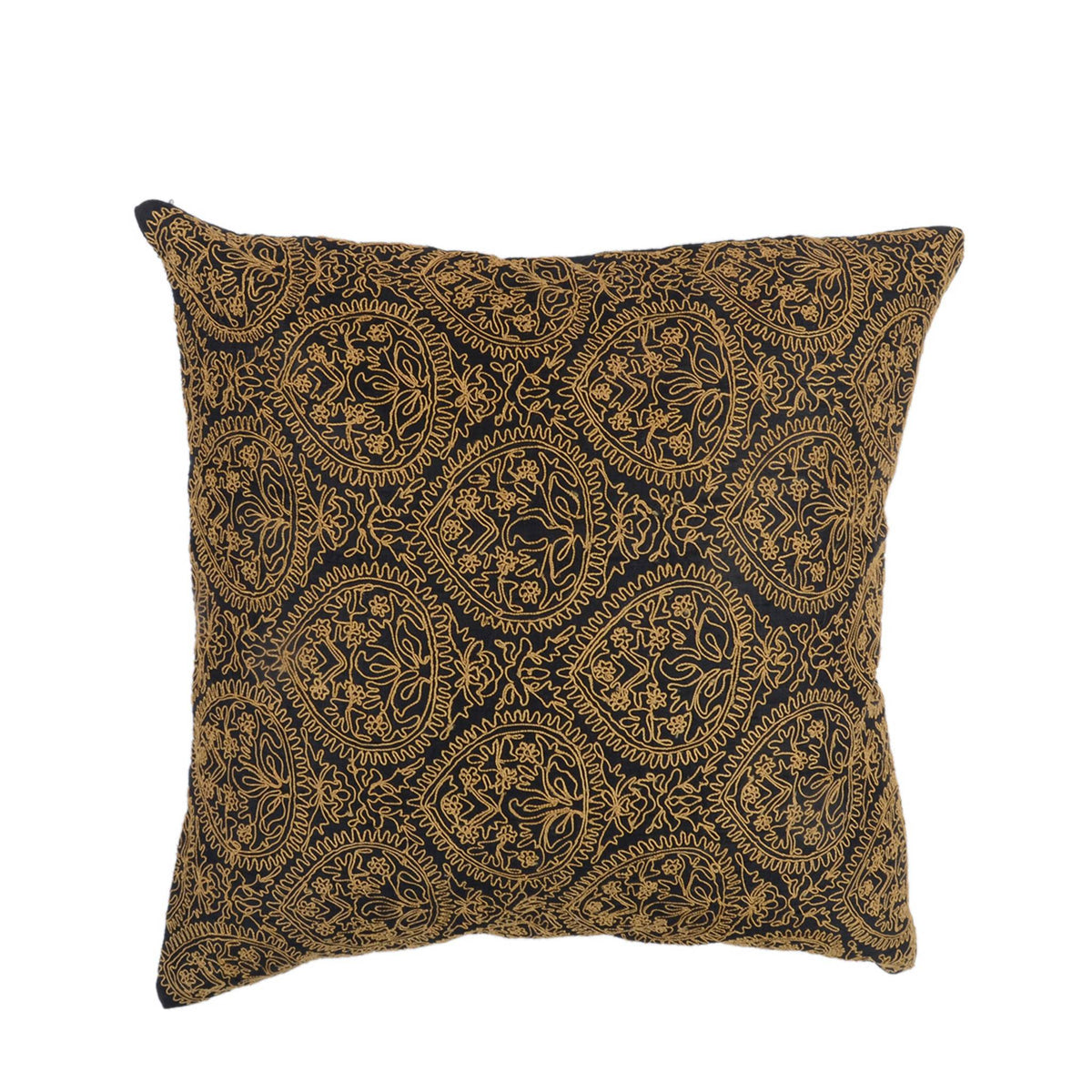 Black polysilk cushion cover densely embroidered with gold ornamental diamond medallions