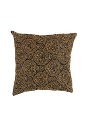 Black polysilk cushion cover densely embroidered with gold ornamental diamond medallions