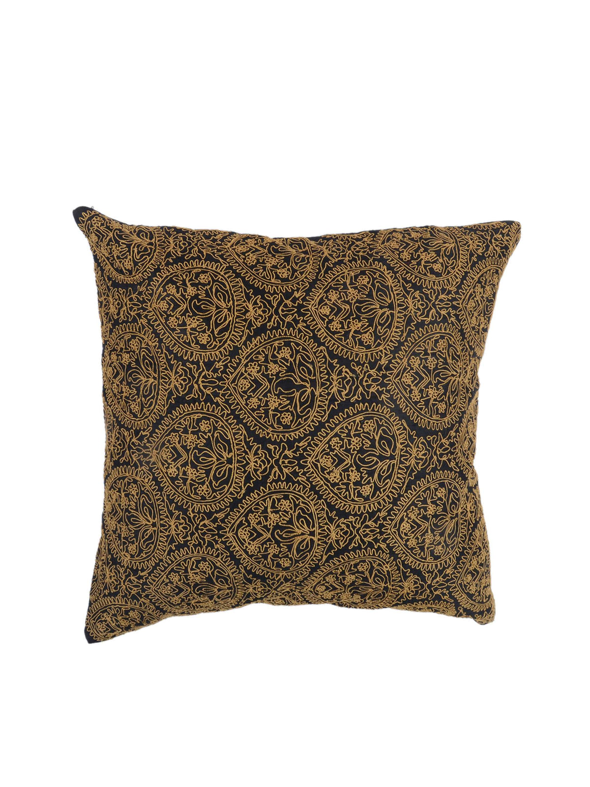 Black silk cushion cover densely embroidered with gold ornamental diamond medallions