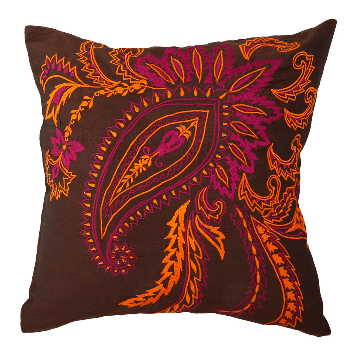 Dark brown polysilk cushion cover with a large orange, pink and magenta embroidered paisley