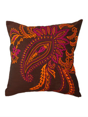 Dark brown polysilk cushion cover with a large orange, pink and magenta embroidered paisley