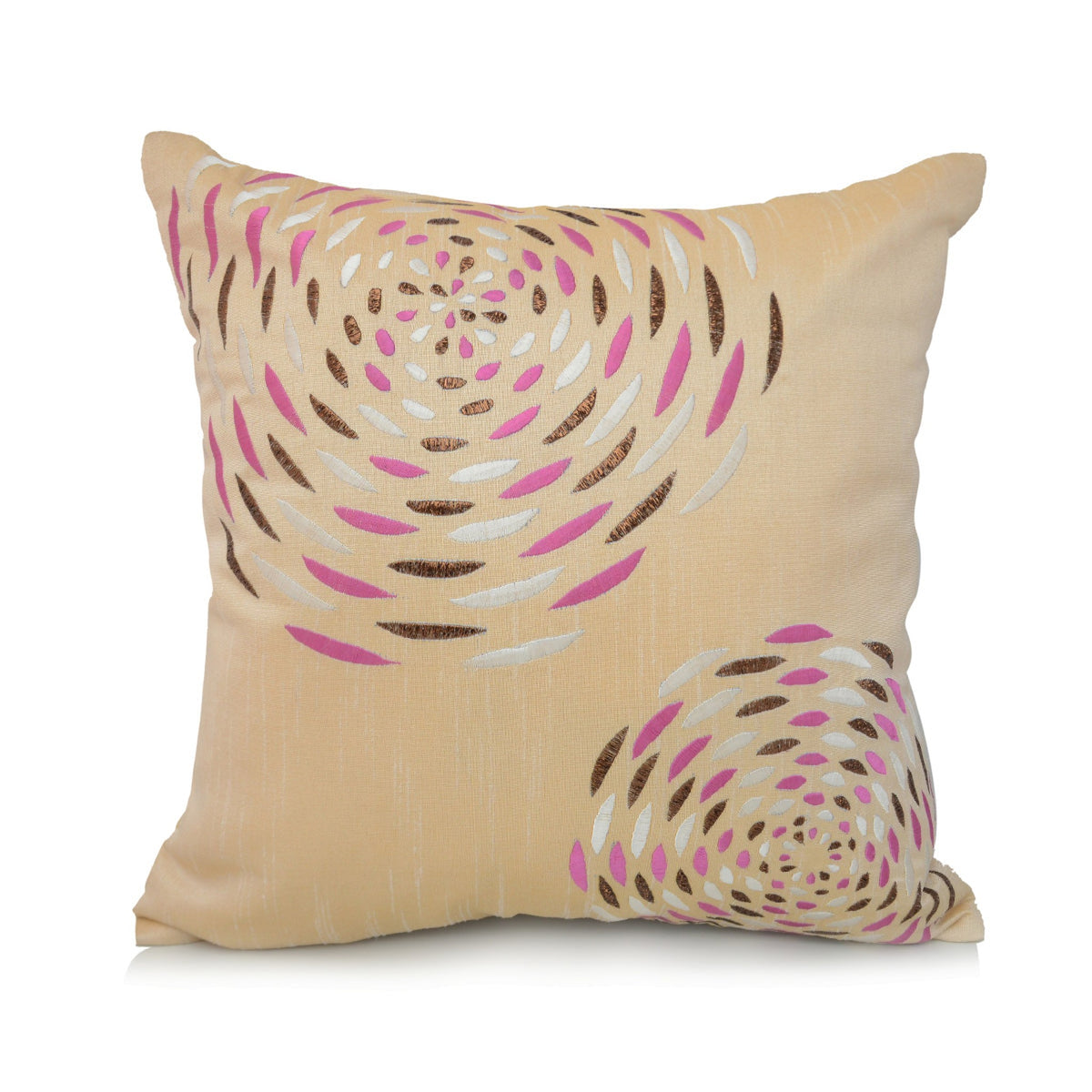 Beige poly silk cushion cover with pink and gold embroidered spiral swirl circles