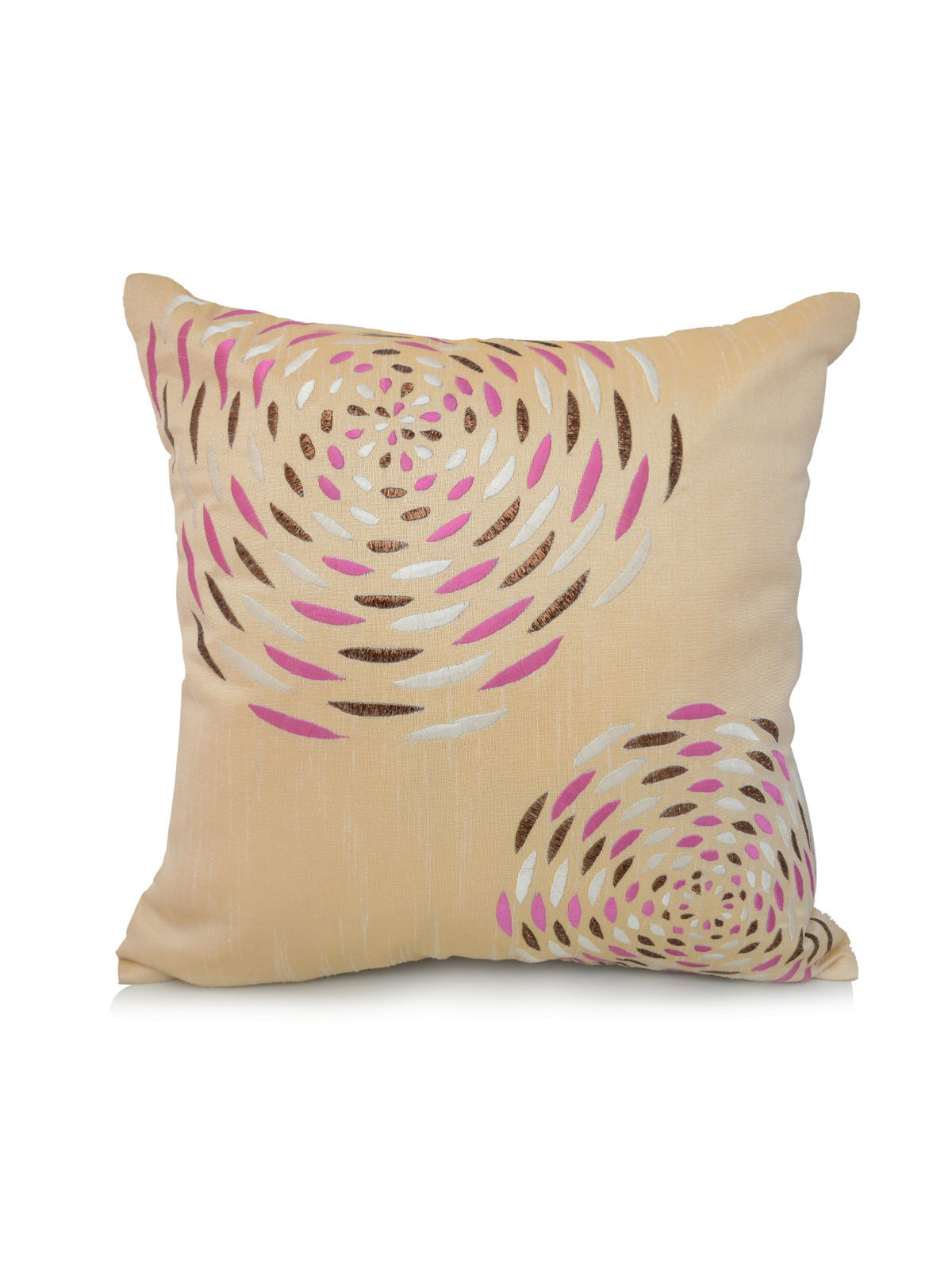 Beige poly silk cushion cover with pink and gold embroidered spiral swirl circles