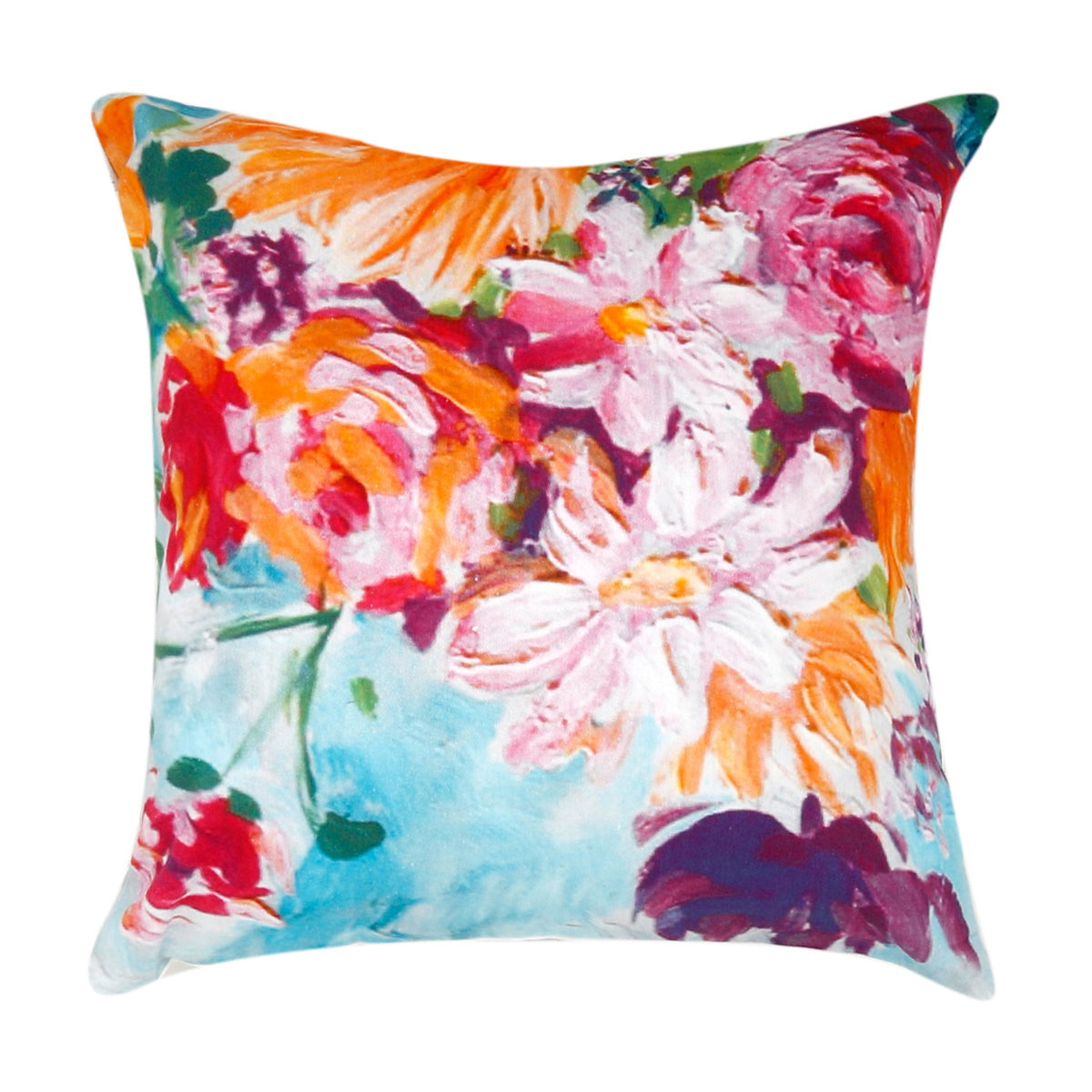 Cotton cushion cover printed with a vivid watercolour floral bouquet in orange, pink and blue