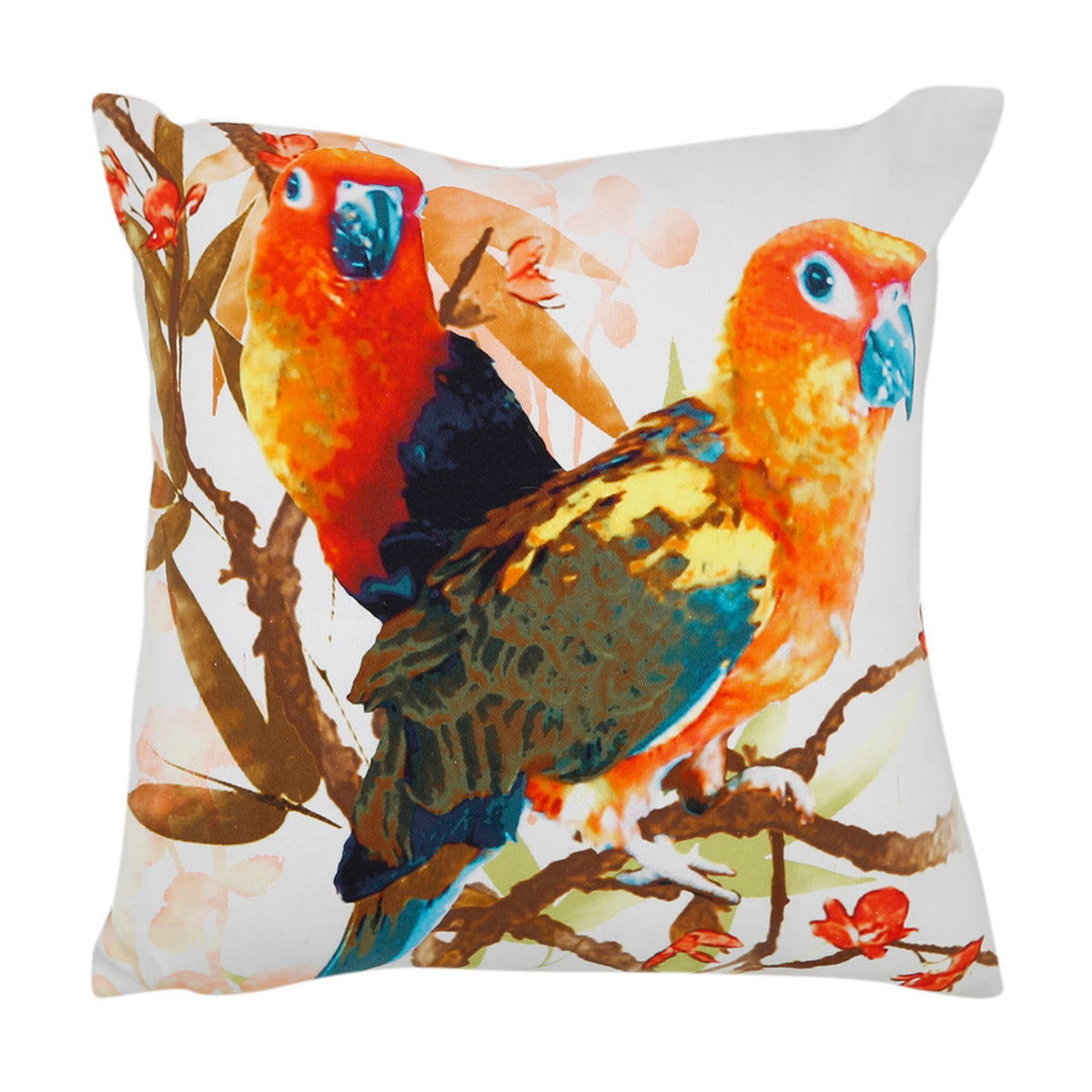 White cotton cushion cover printed with two painted orange and green parrots on a branch