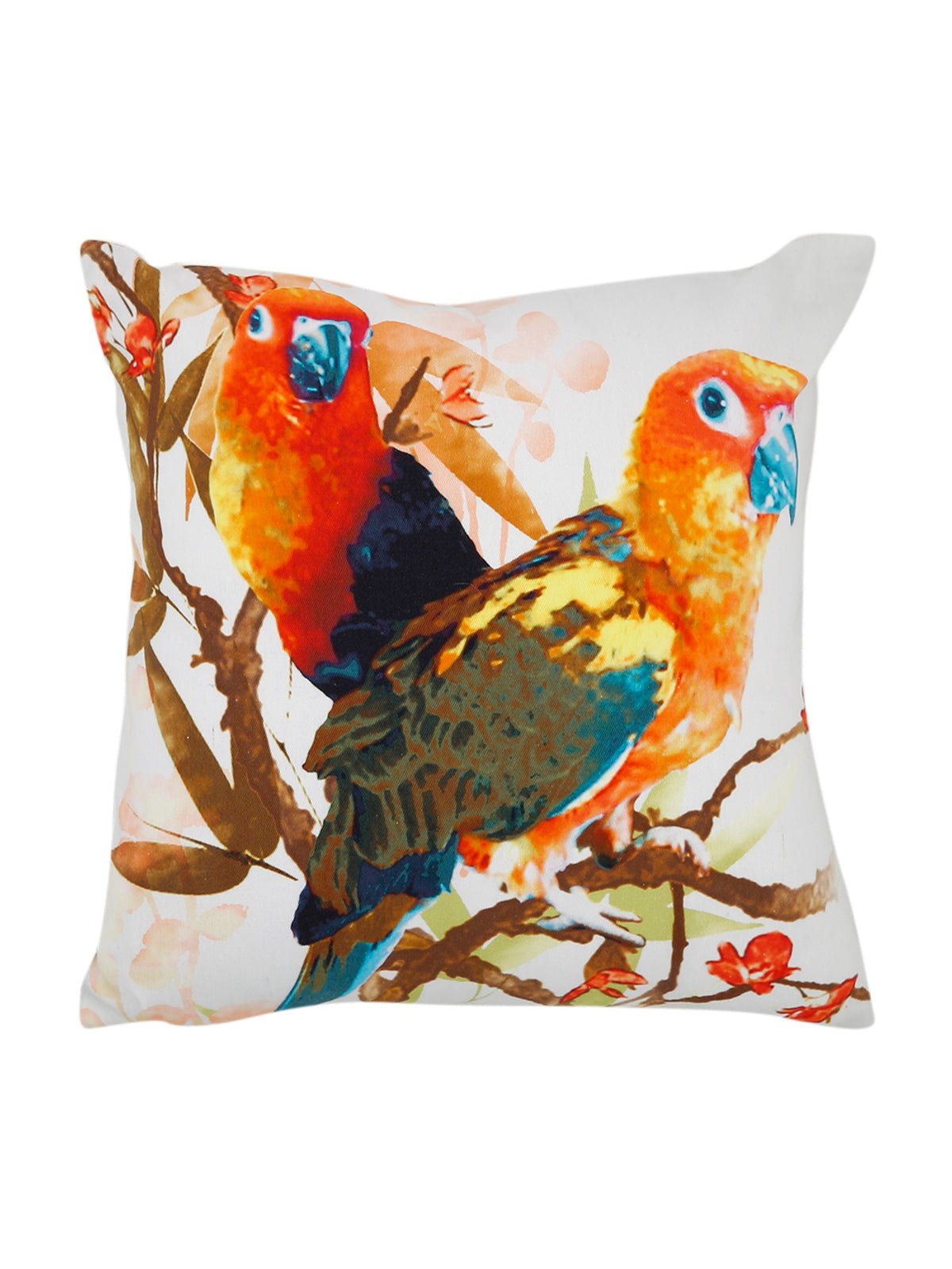 White cotton cushion cover printed with two painted orange and green parrots on a branch