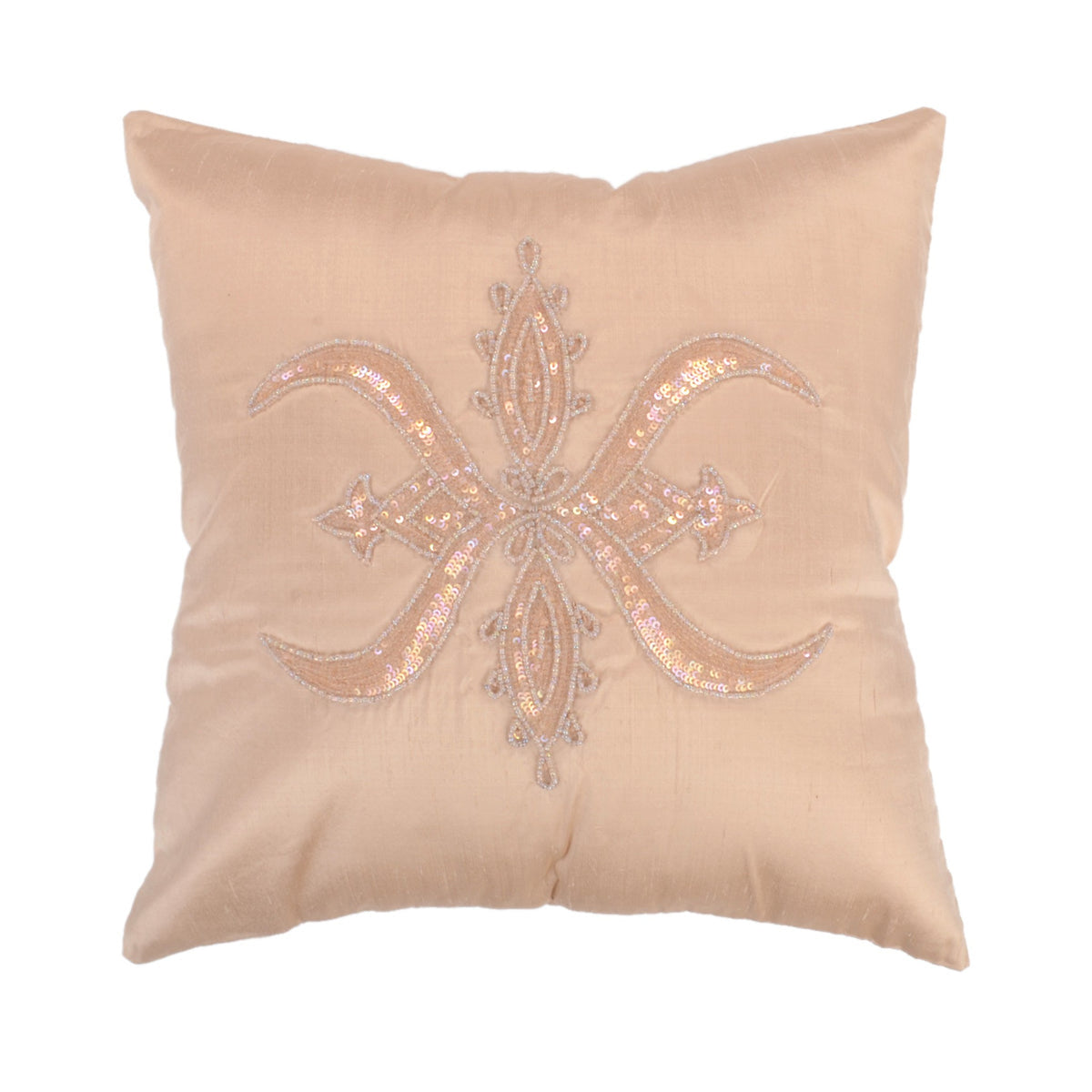 Blush beige dupion silk cushion cover with a pale sequin ornamental motif at the centre