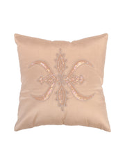 Blush beige dupion silk cushion cover with a pale sequin ornamental motif at the centre