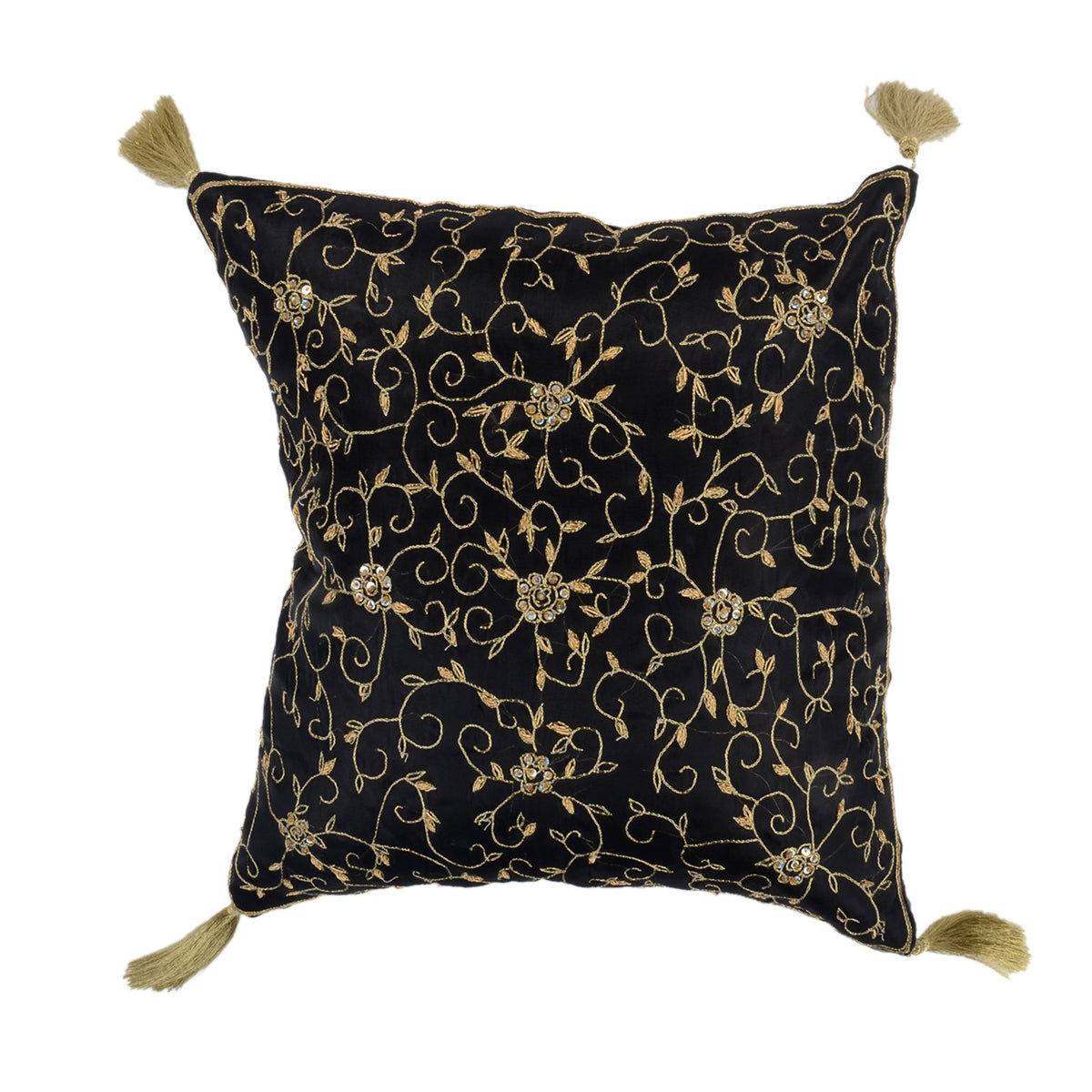 Black satin cushion cover with a gold embroidered floral trellis and gold corner tassels