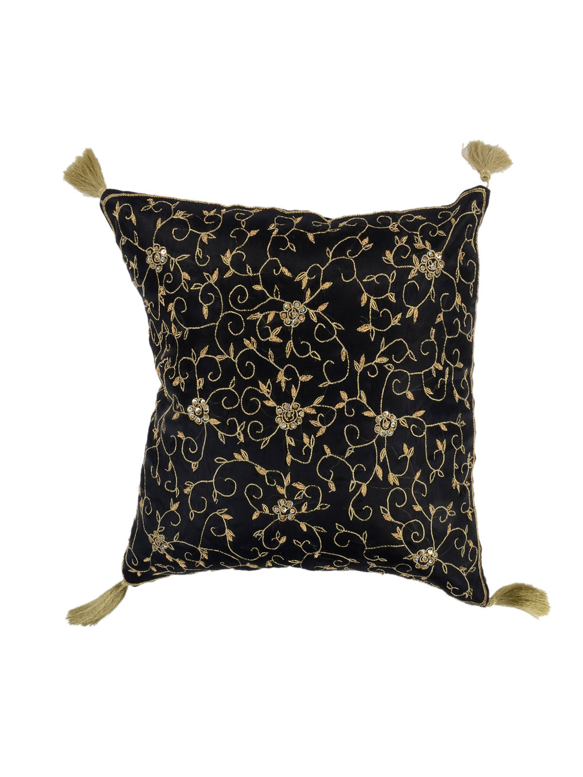 Black satin cushion cover with a gold embroidered floral trellis and gold corner tassels