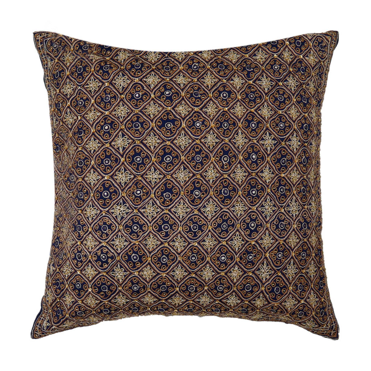 Navy silk cushion cover densely embroidered with a small gold and blue diamond lattice