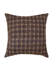Navy silk cushion cover densely embroidered with a small gold and blue diamond lattice