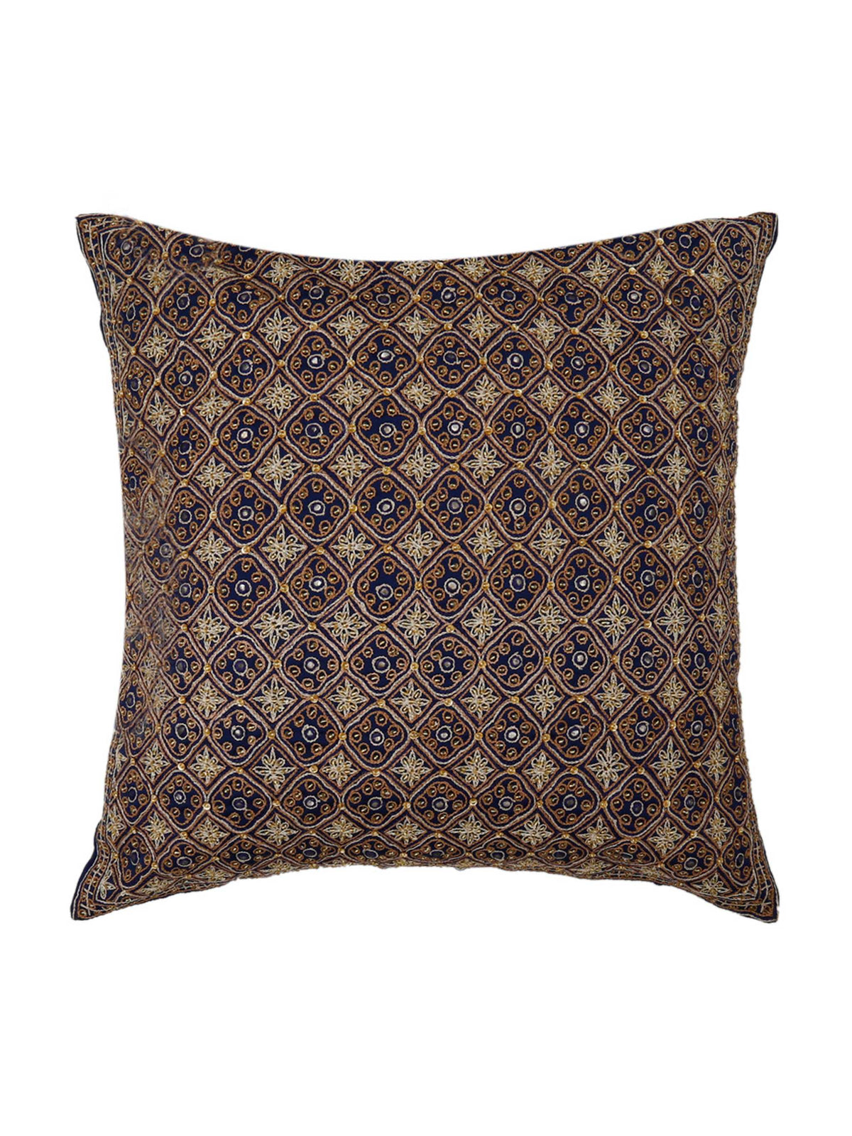 Navy silk cushion cover densely embroidered with a small gold and blue diamond lattice