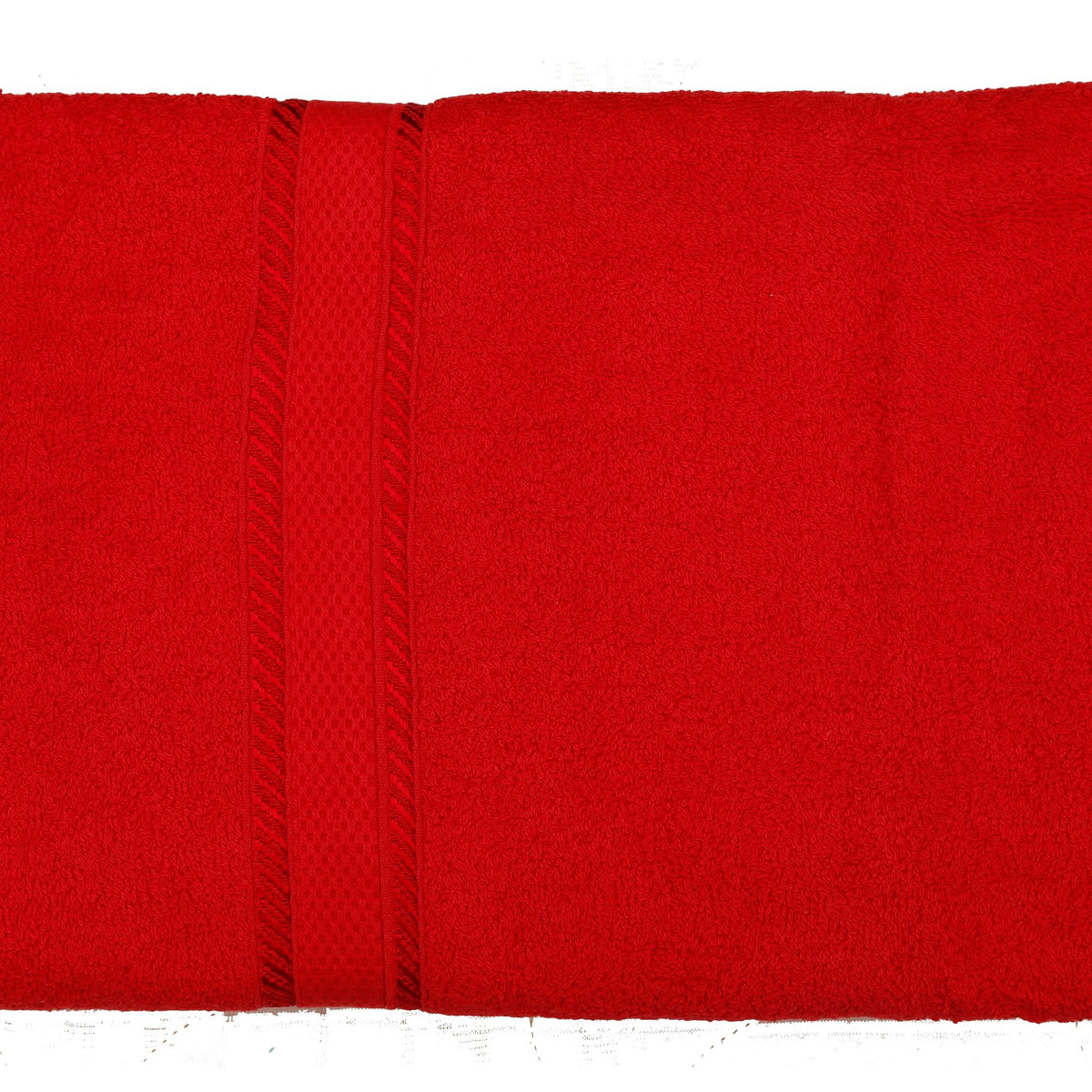 Red cotton bath towel with a woven dobby border, folded, 30x60 inch