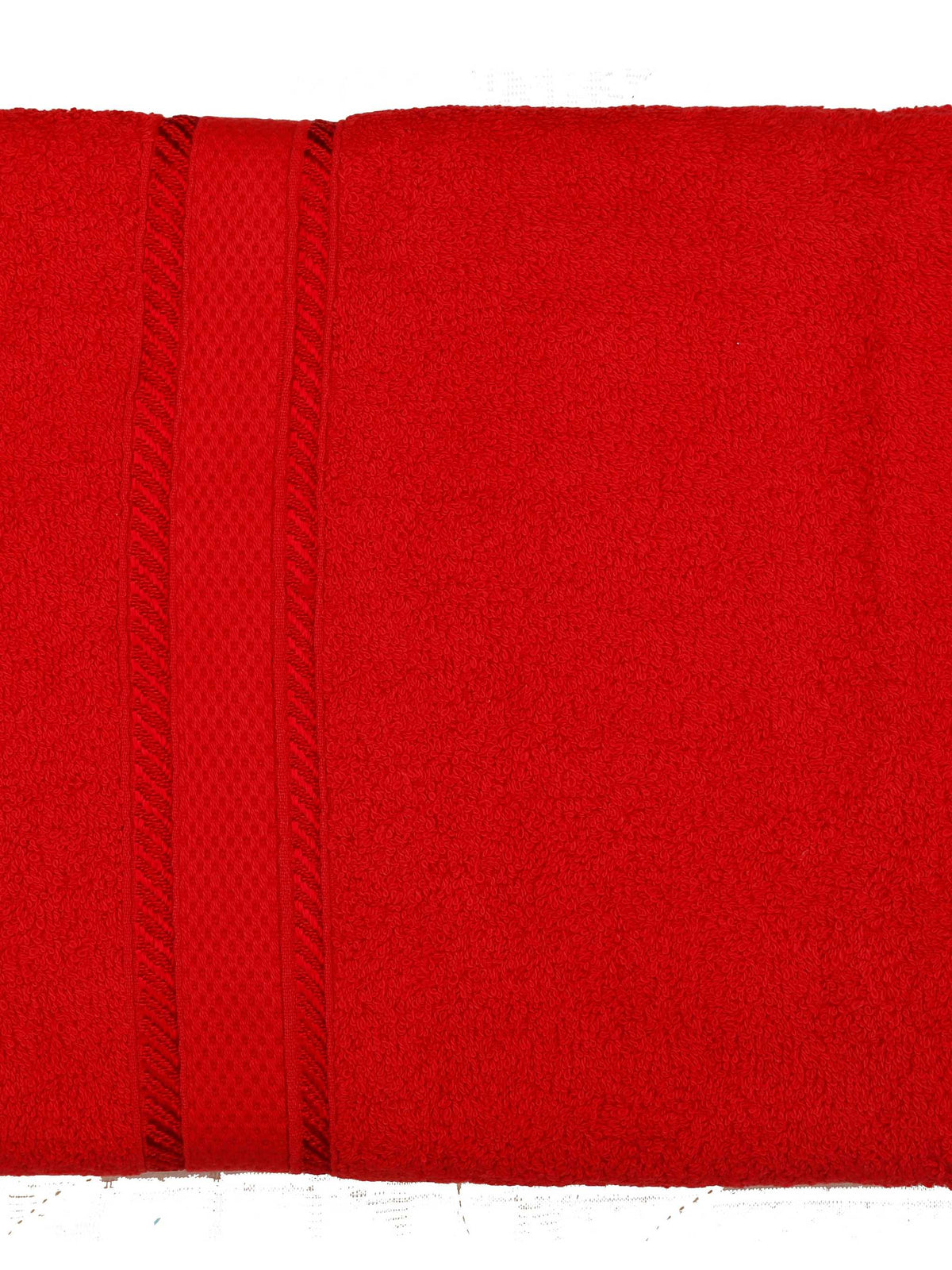 Red cotton bath towel with a woven dobby border, folded, 30x60 inch
