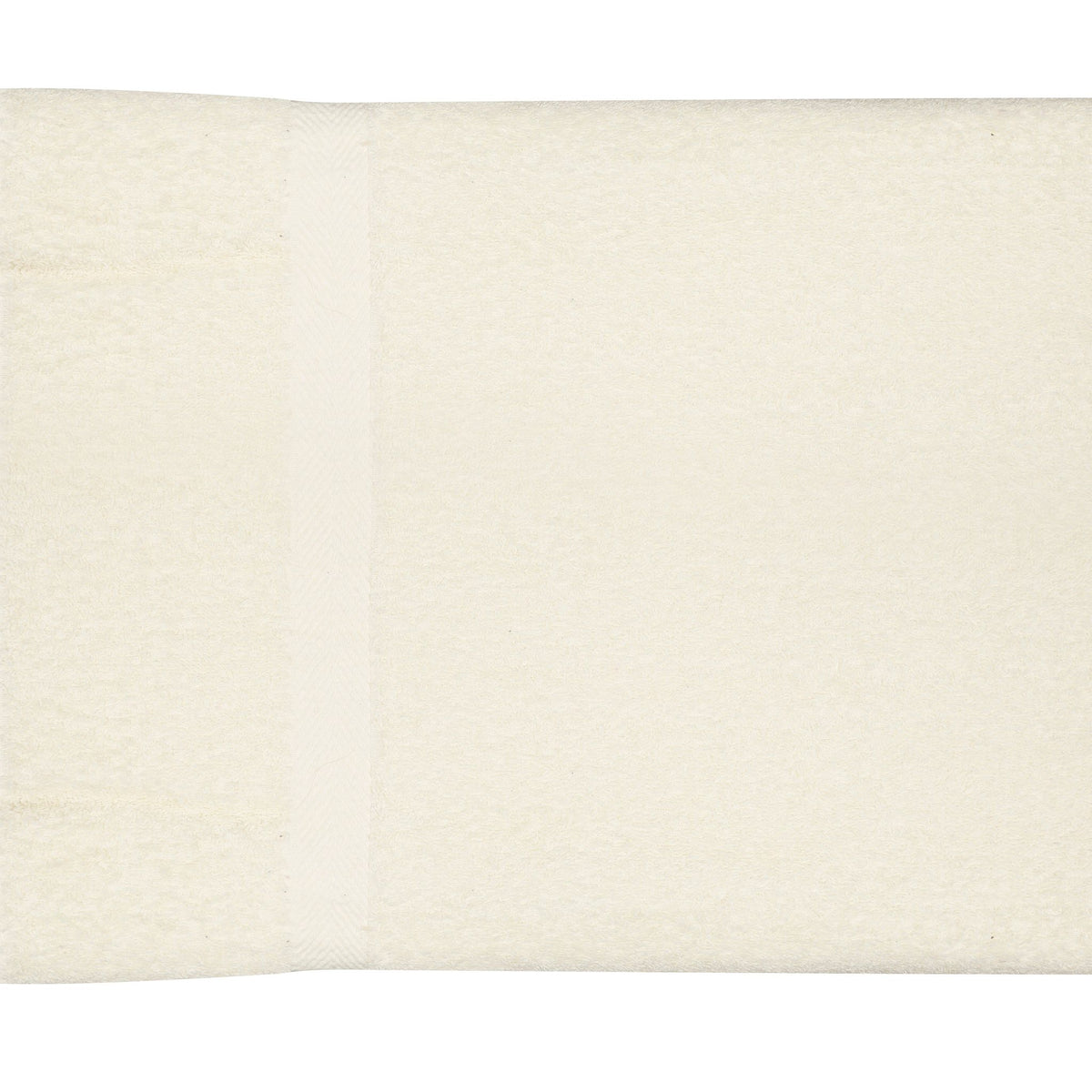 Cream cotton bath towel with a plain woven border, folded, 30x60 inch