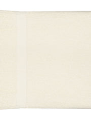 Cream cotton bath towel with a plain woven border, folded, 30x60 inch
