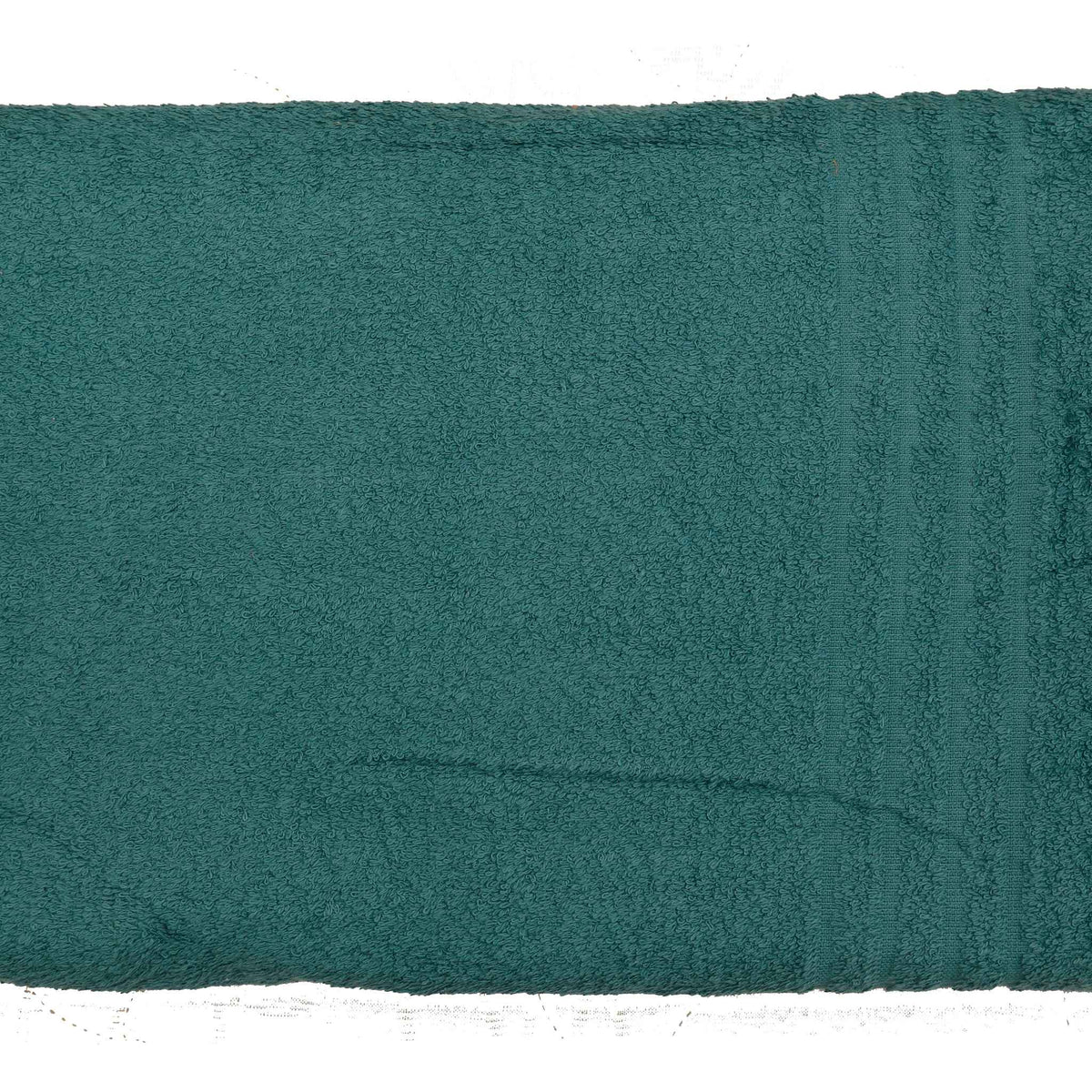 Deep teal-green cotton bath towel, close-up flat view showing a subtle woven border stripe