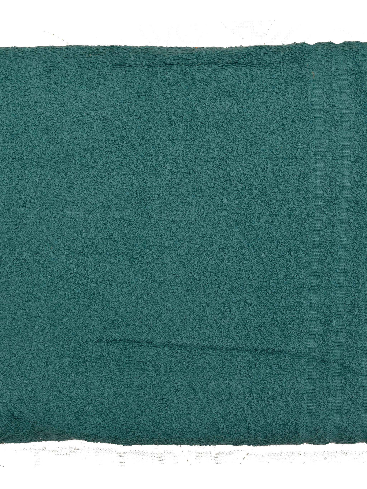Deep teal-green cotton bath towel, close-up flat view showing a subtle woven border stripe