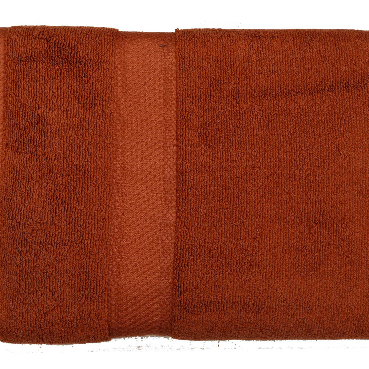 Rust brown cotton bath towel with a tonal woven border, folded, 30x60 inch